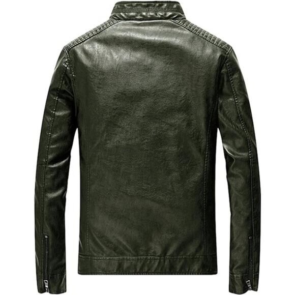 Army Green Faux Leather‎ Military Jacket Slim Fit Moto Biker Bomber Jacket Coat - Picture 3 of 9